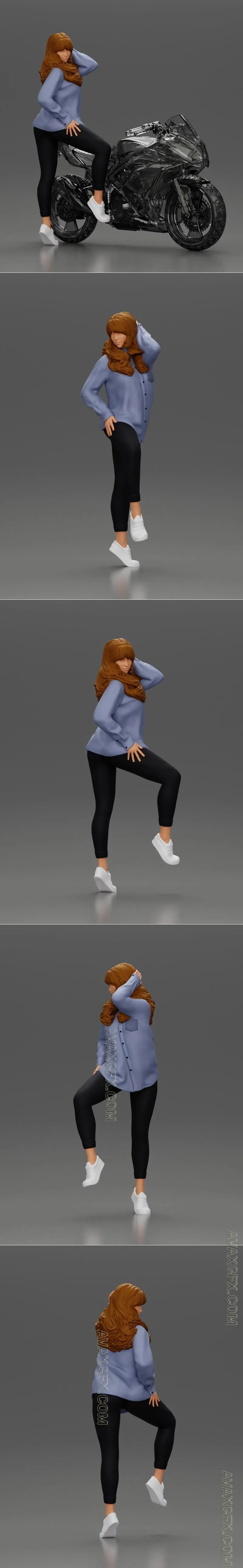 Young woman in shirt with long hair posing with one foot resting on the motorcycle - STL 3D Model