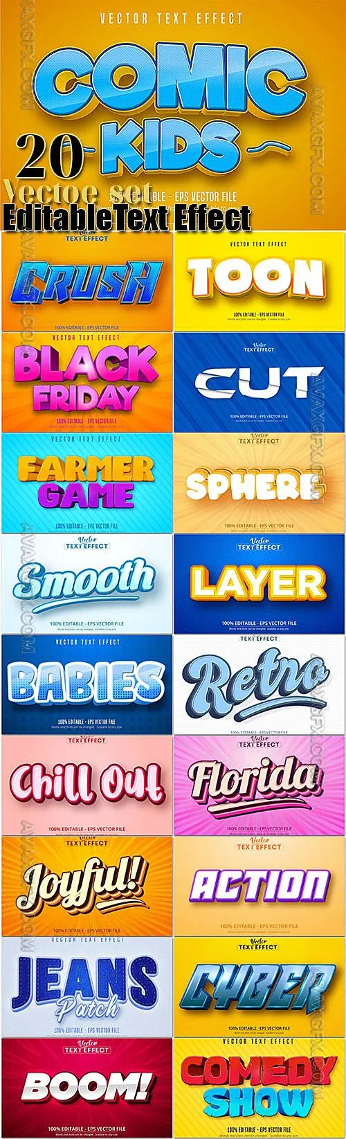 Vector set of 20 colorful bright text effects