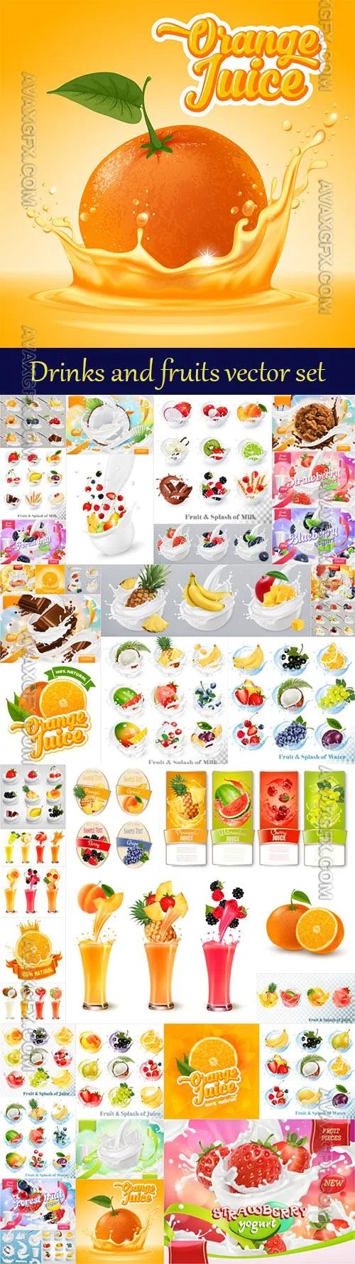 Drinks and fresh fruits vector set