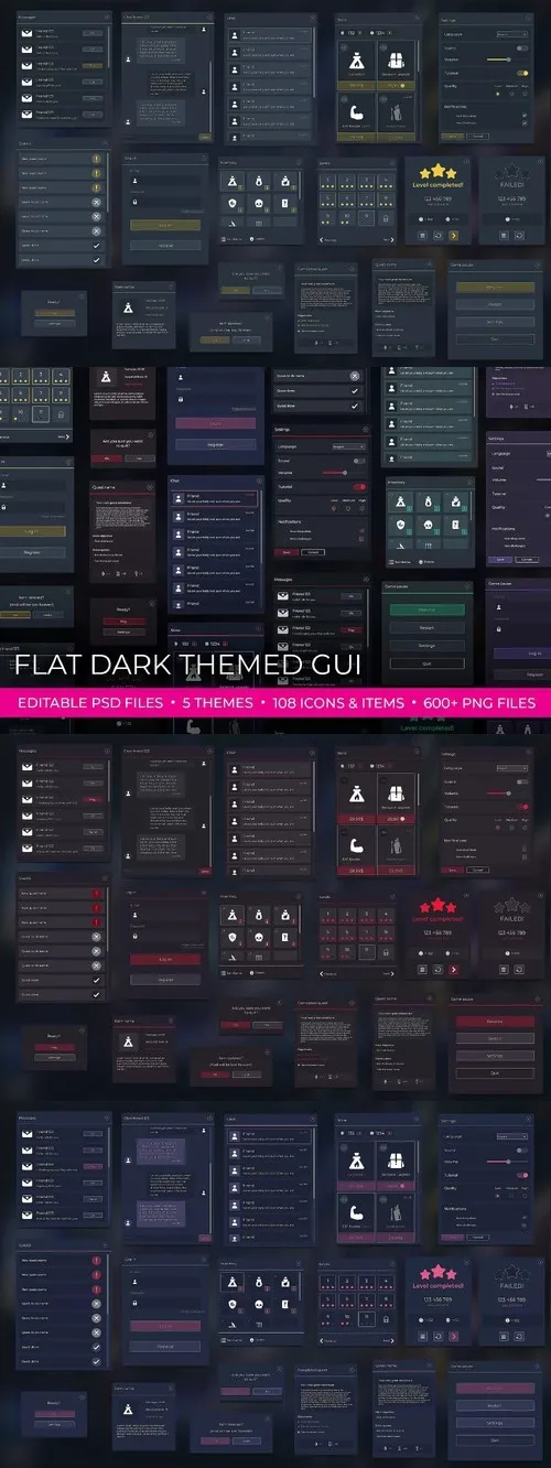Unity 2D Flat Dark Themed GUI / UI Kit - over 600 PNG ! v1.02
