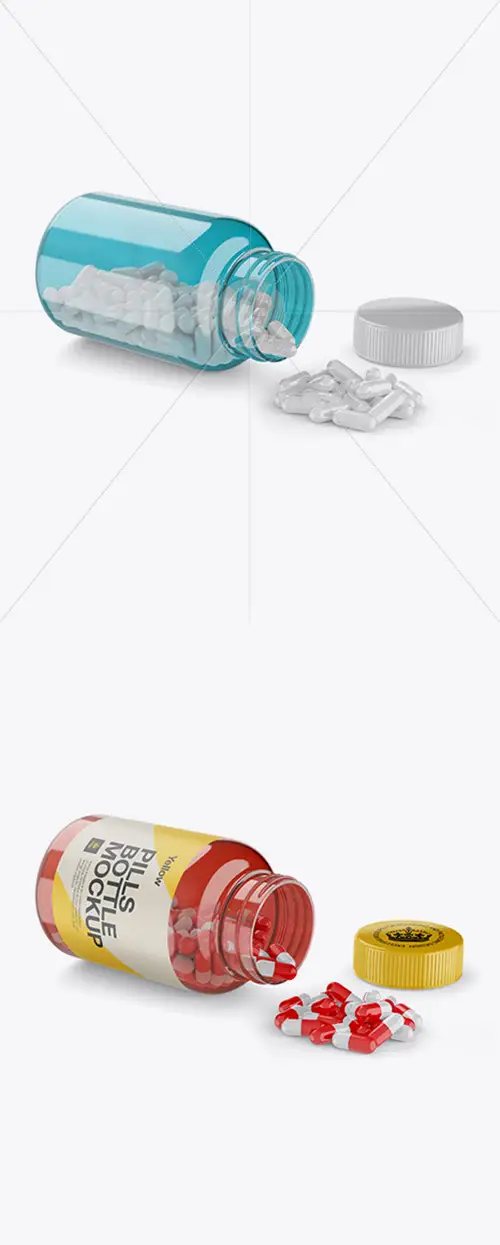 Opened Transparent Bottle W/ Pills Mockup 34570