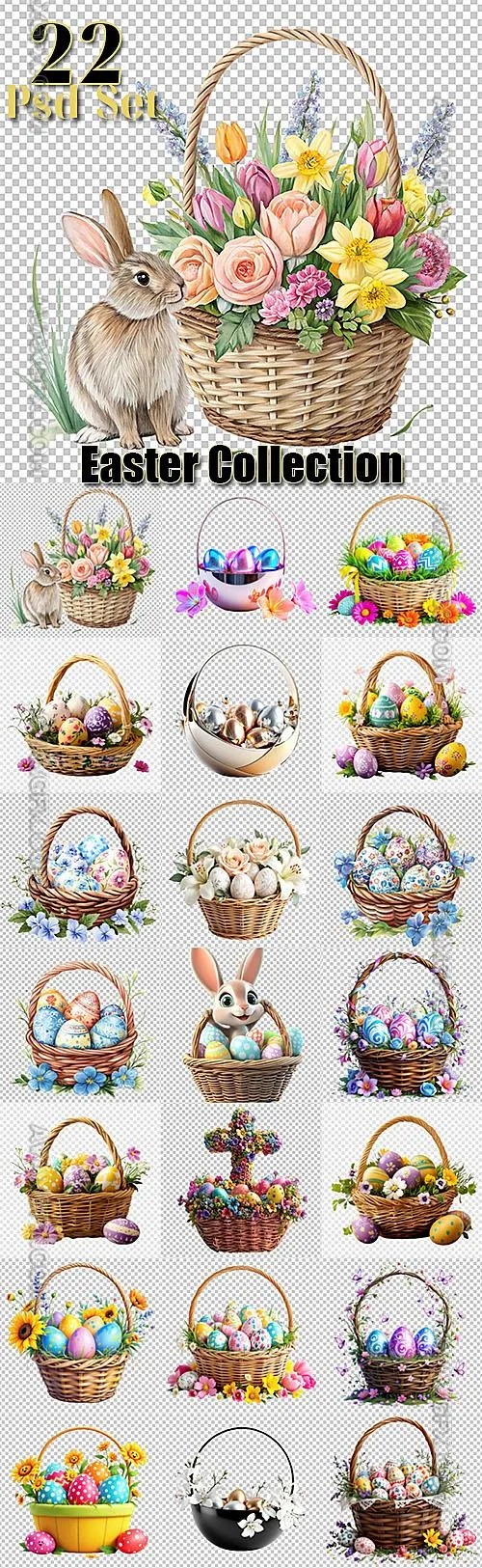Happy Easter, Easter baskets with eggs and spring flowers - psd design set