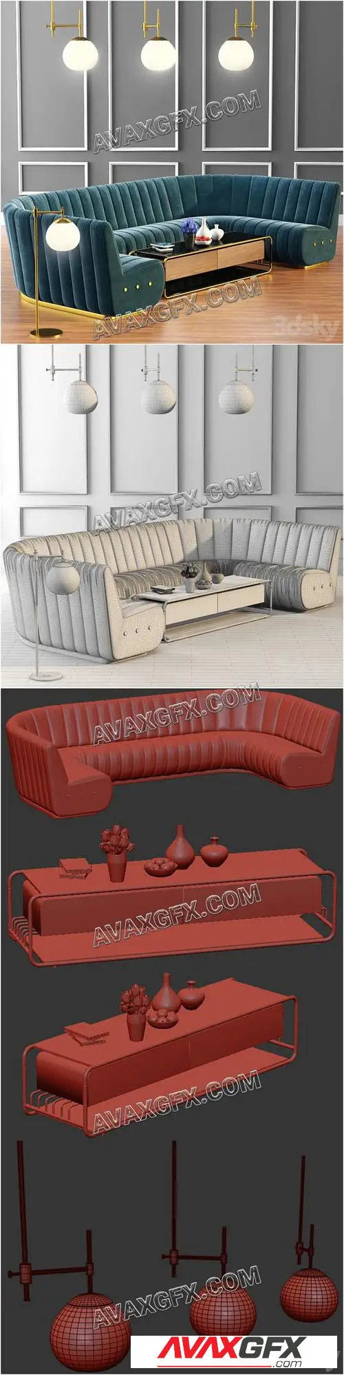 Sophia Long Sofa & Launter Table With Parquet - 3D Model