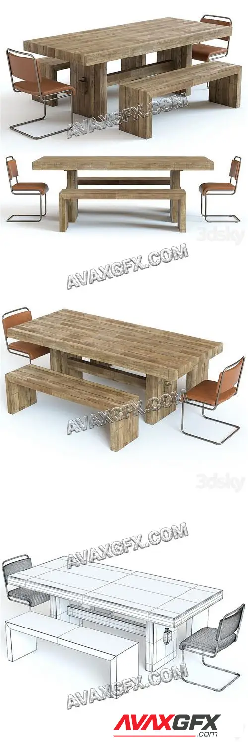 West Elm Emmerson Table and Industrial Chairs - 3D Model