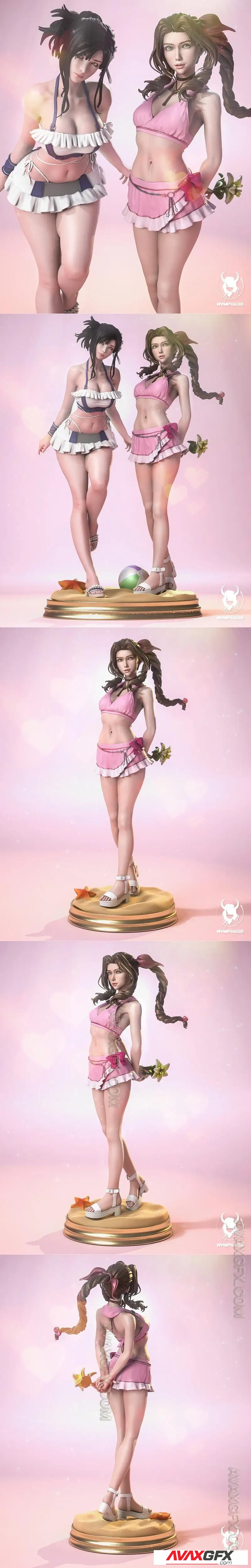 Nympha - Aerith (Pink Mermaid Variation) and Diorama Base with Tifa - STL 3D Model