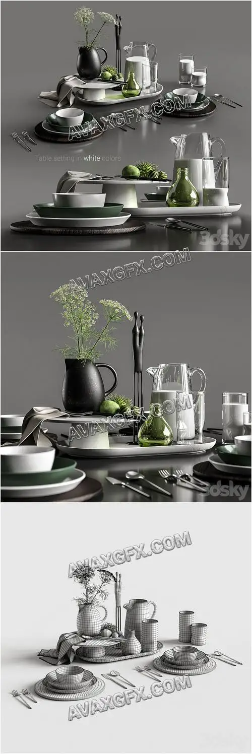 Table setting in white colors - 3D Model