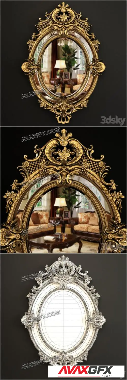 Century French Louis XV Fine Gilt Carved Oval Mirror - 3D Model