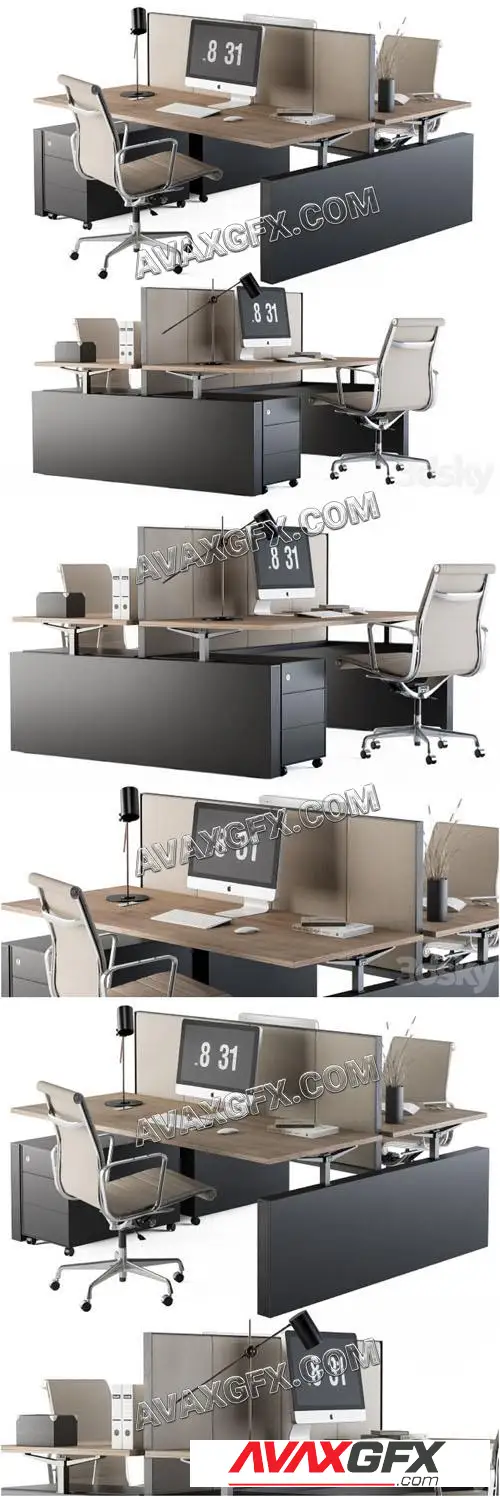 Office Desk Set Cream - 3D Model